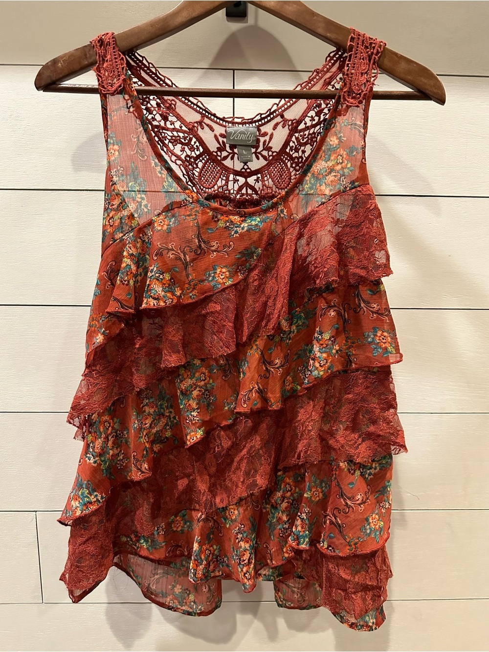 Vanity Women’s Floral Ruffle Tank Top - Rust Red-size Large